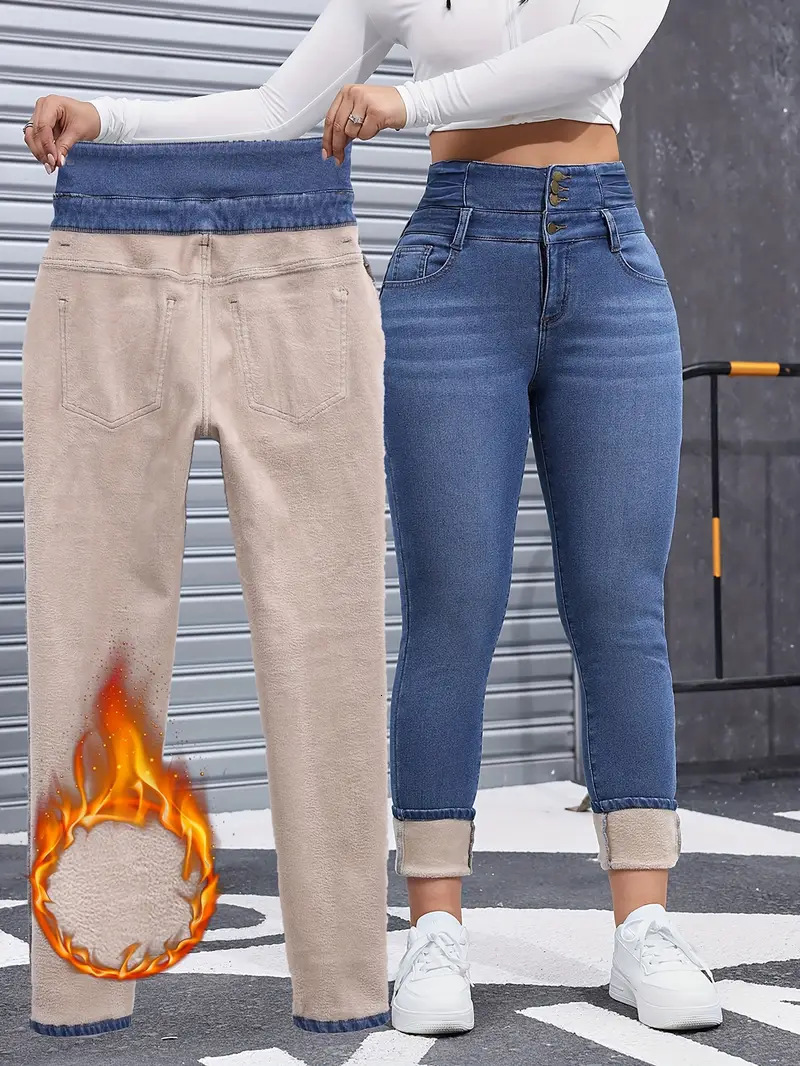 Cross-border fashion versatile women's clothing, new autumn and winter fleece-lined elastic tight multi-button solid color jeans c4