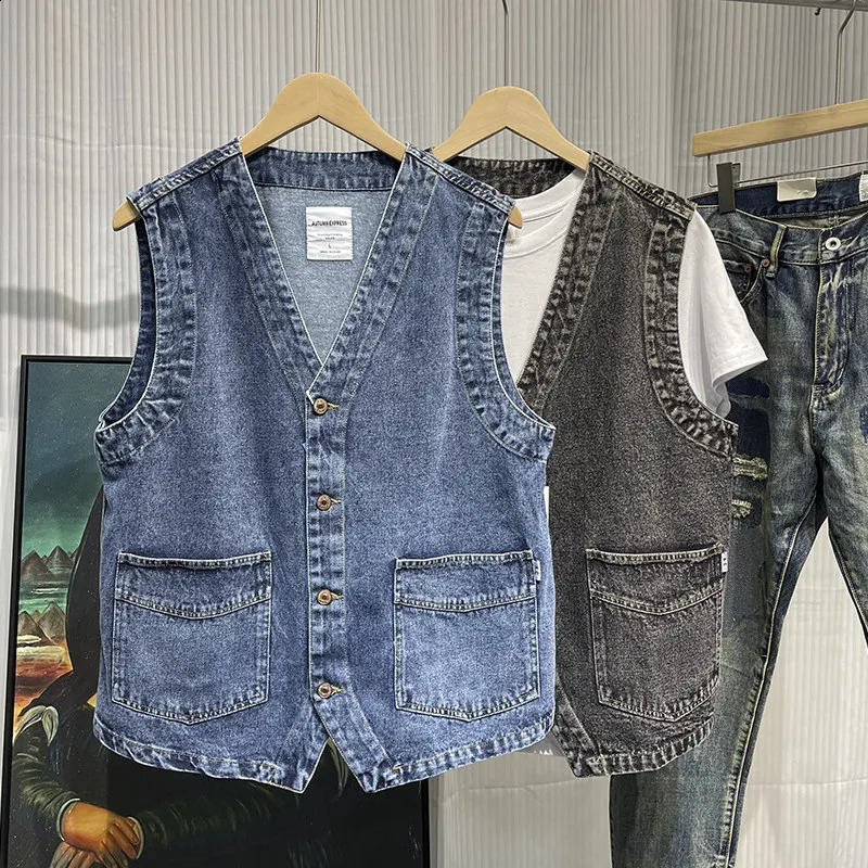 Men Japanese Streetwear Cityboy Retro Fashion Loose Casual Denim Vest Sleeveless Jeans Jacket Unisex Waistcoat Cowboy Vest 260917