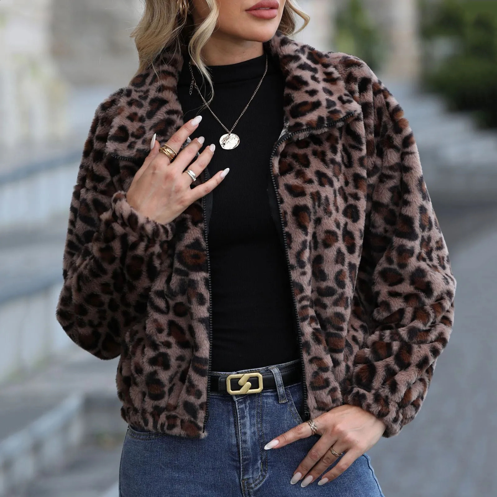 Streetwear Women Bomber Jackets Leopard Print Fashion Short Coats Fuzzy Fleece Long Sleeve Lapel Outerwear Cropped Cardigan 260917