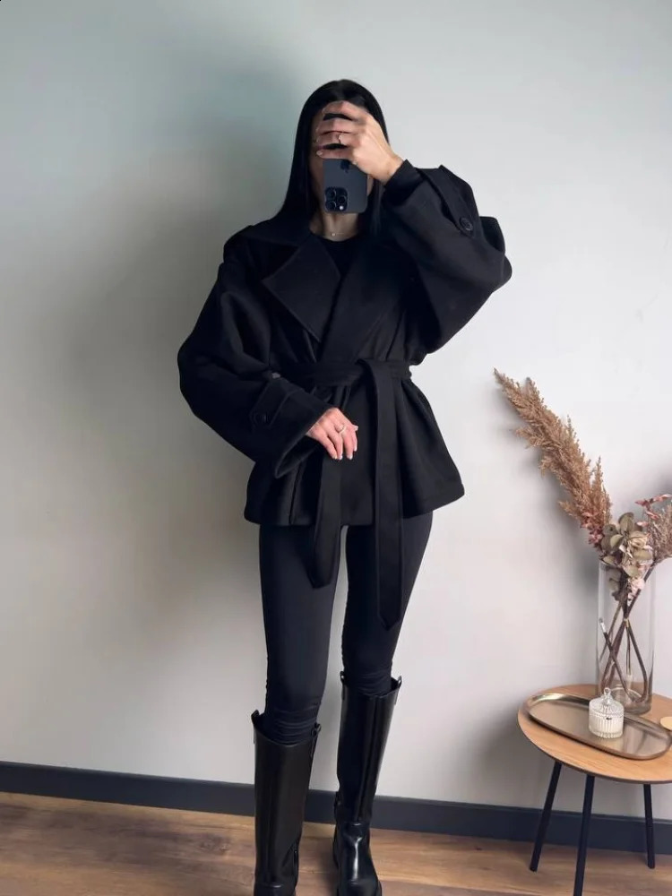 Women Short Wool Blend Trench Coat Lapel Collar Belted Waist Wrap Long Sleeve Loose Overcoat Casual Autumn Winter Lady Jackets 260916