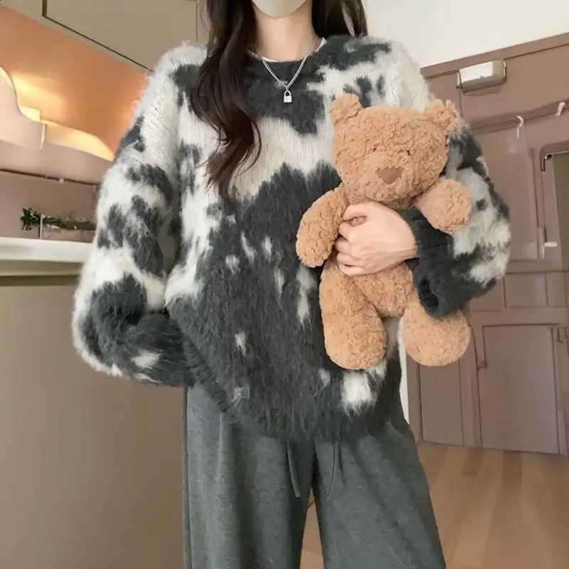 Style Fashionable Temperament Korean Dyed Jacquard Pullover Sweater Women's Lazy Style Furry Round Neck Knitted Sweater Top J260916