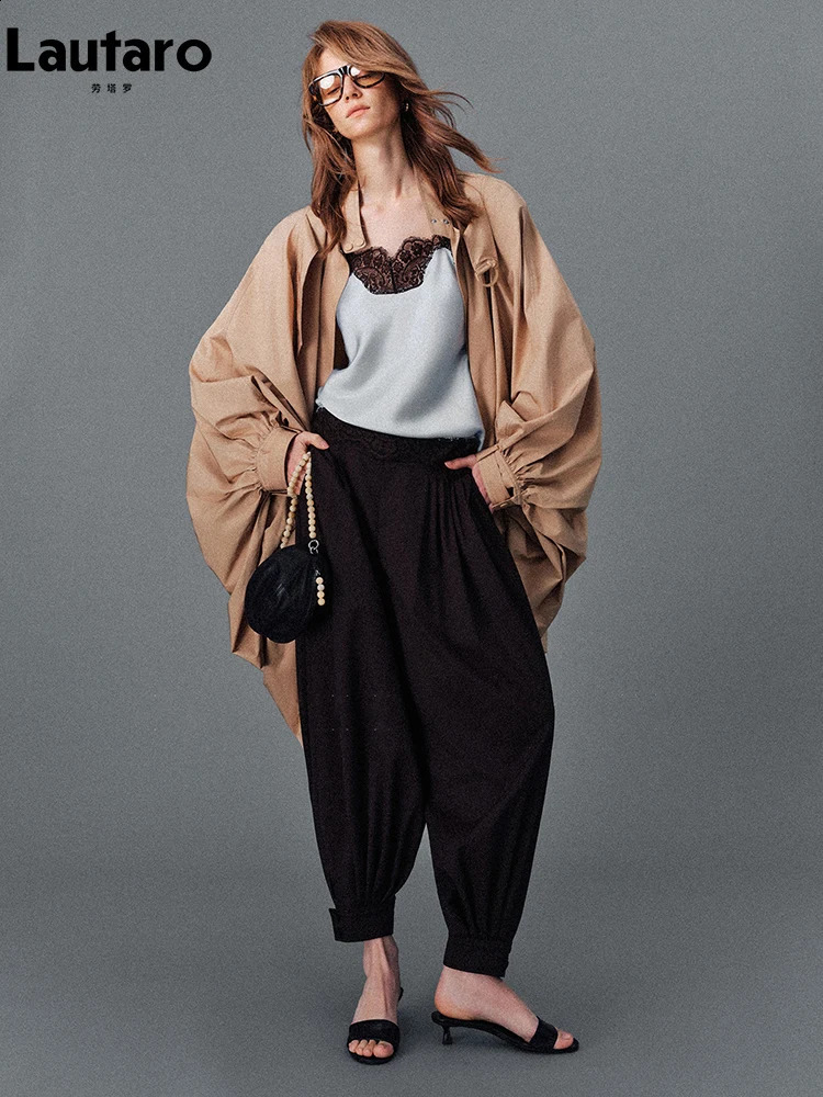 Lautaro Spring Autumn Oversized Long Bat Sleeved Capestyle Trench Coat for Women Loose Casual Chic Korean Fashion Overcoat 2025 260917