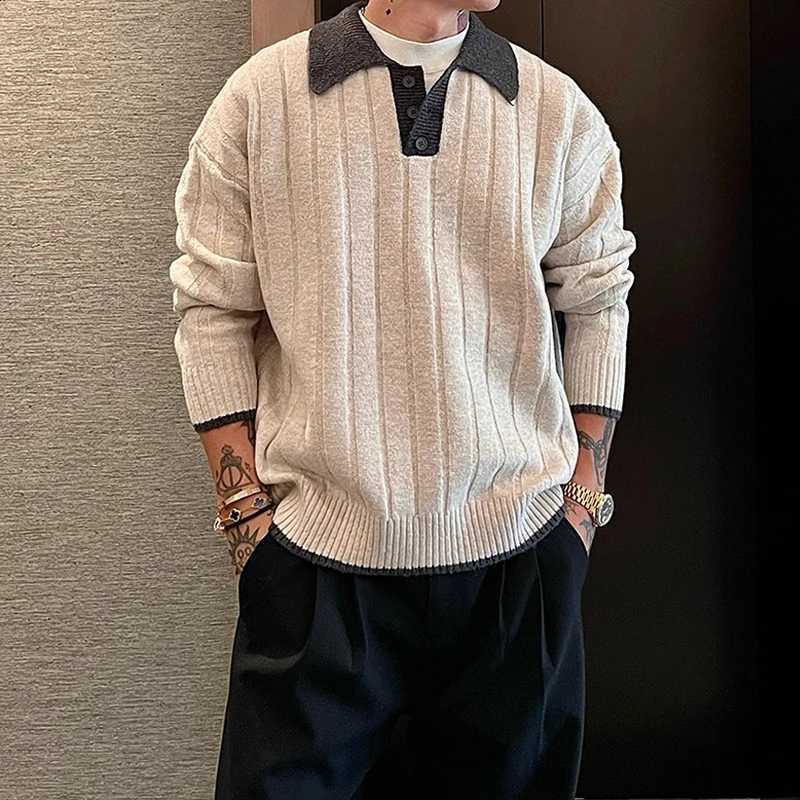Mens Winter Daily Patchwork Casual Sweaters 2026 Spring Trendy Contrast Color Button Shirts Knitted Men Long SLeeve Sweater J260916