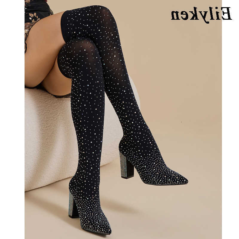 Sock Eilyken OvertheKnee CRYSTAL Diamond Boots Women Block Heels Shoes Cosy Elastic Stretchy Fabric Nightclub Long Booties D260917