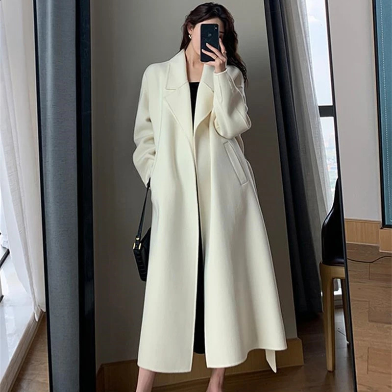Elegant Midi Wool Blends Coat Women Korean Thicken Long Bandage Jackets Oversized Lace Up Outwear White Cardigan Woolen Overcoat 260917