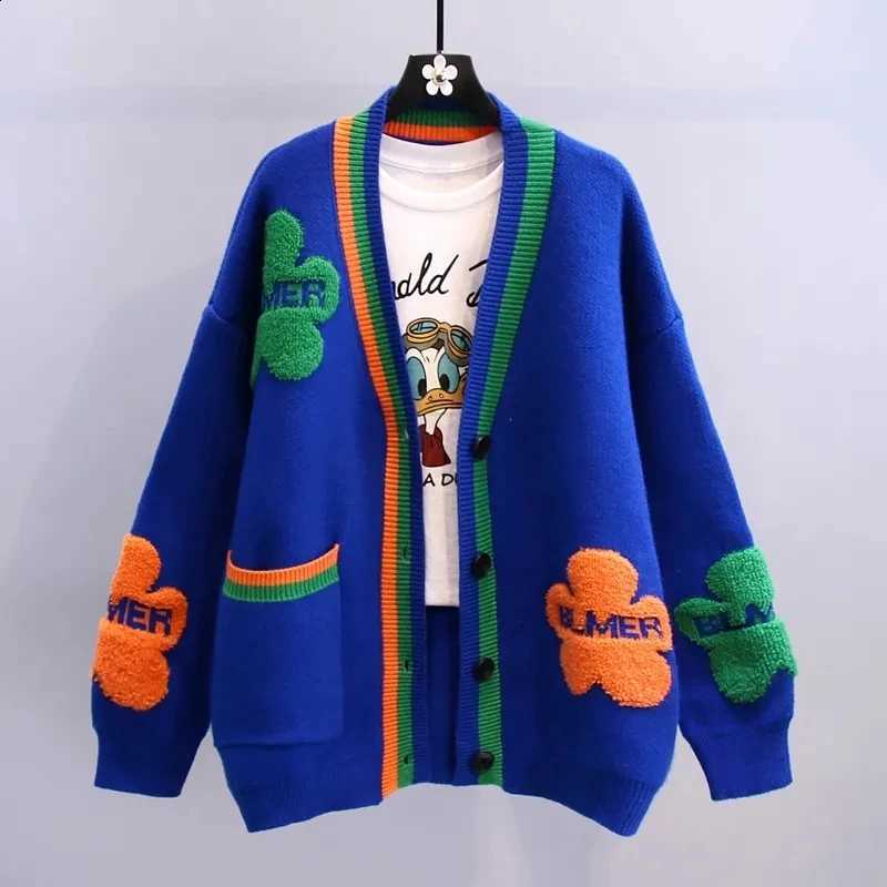 Blue Acrylic Knit V-Neck Letter Flower Casual Women's Cardigan Sweater Single Breasted Cardigan For Women Clothing Thick Winter X260916