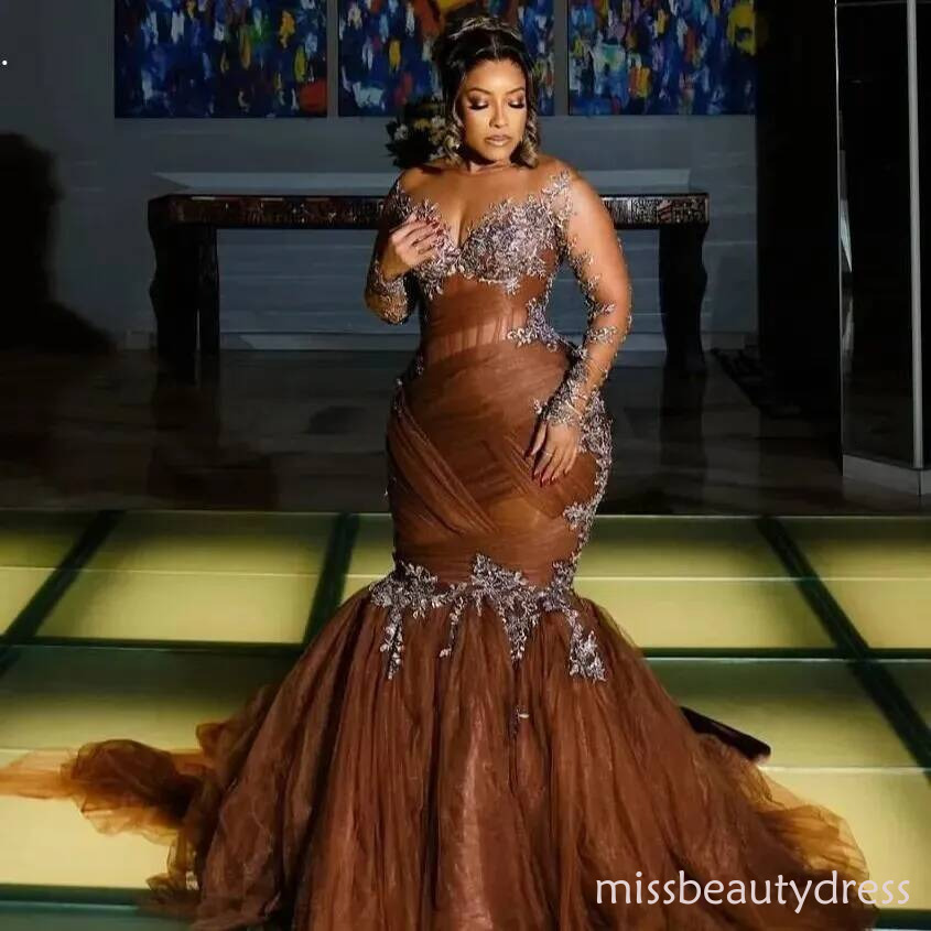 2026 Plus Size Chocolate Illusion Mermaid Evening Dresses Special Occasions Lace Tulle Prom Party Birthday Gowns Dress For Women Vestidos de novia 1
