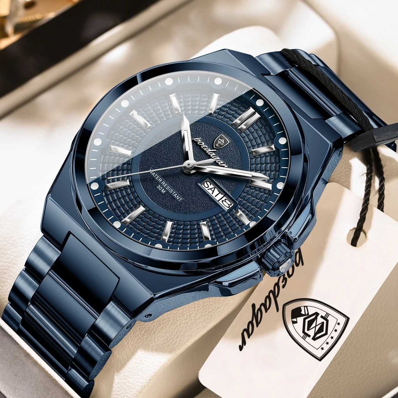 POEDAGAR Original Business Quartz Men Wristwatch High Quality Stainless Steel Waterproof Luminous Stylish Man Watch Date Week Fashion Casual Men