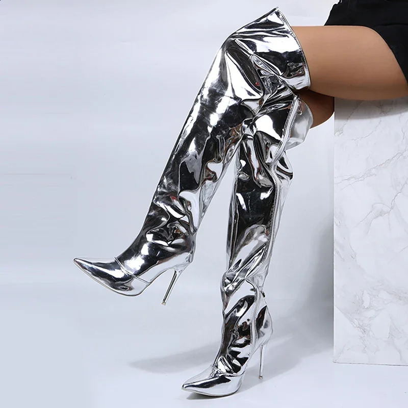Elastic Sexy Mirror Glossy Female Long Boots Street Celebrity Banquet Runway Show Nightclub High Heel Slim Heel Women's Shoes 260917