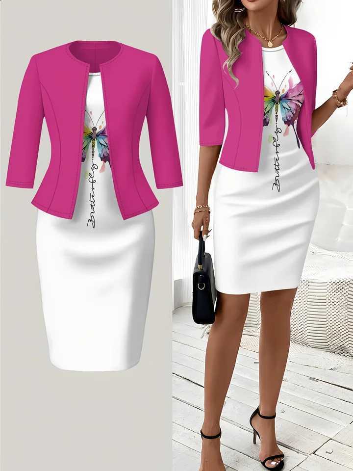 and winter autumn styles Butterfly Print On White Dress vacation style elegant style Round neck dress set C260917