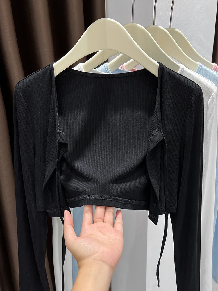 Pink Sun Protection Shawl Cardigan Outerwear Slim Fit Sweet Style Long Sleeve round Neck Short Length Belted Thin Knitted Coat 260917
