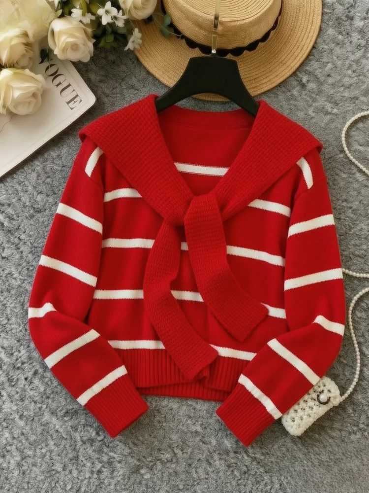 Women Red White Striped Sailor Collar Knit Sweater Bow Tie Long Slve Slim Fit Cropped Casual Lady Y2K Korean Style All Season S260917ZTGA