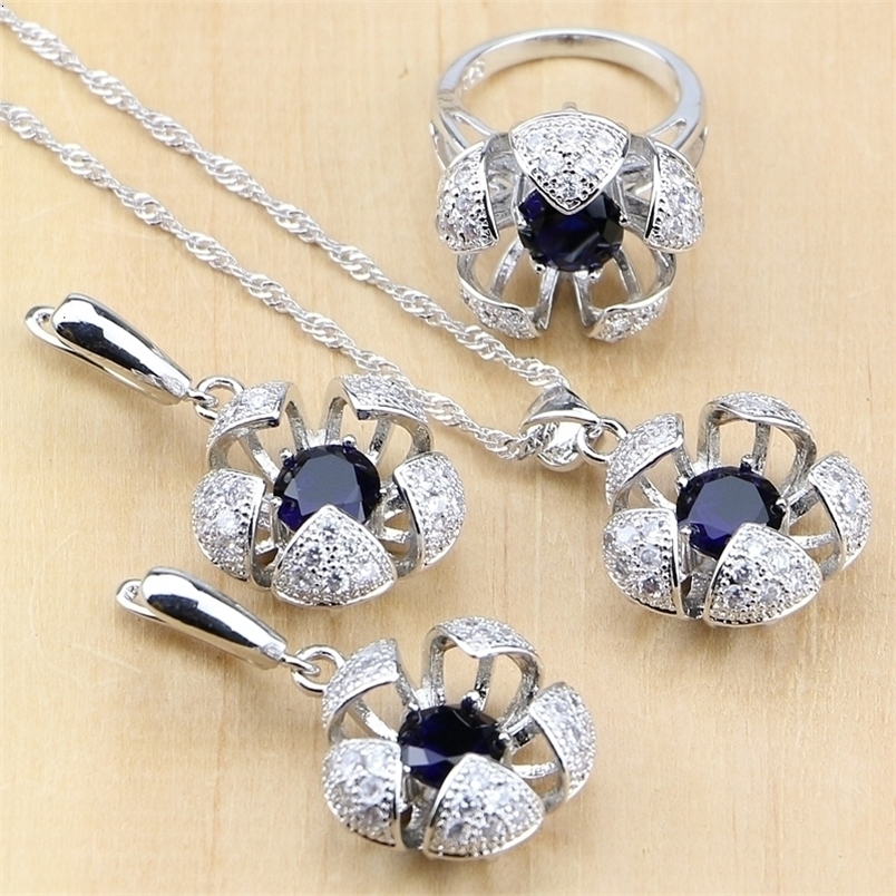 925 Sterling Silver Jewelry Blue Cubic Zirconia with Beads Sets for Women Wedding Earrings/Pendant/Ring/Necklace Set 260916