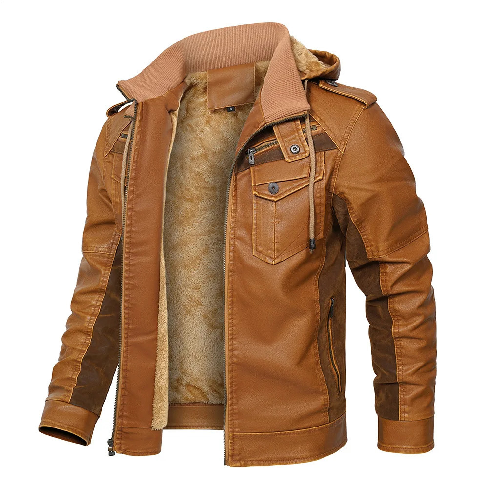 Men's Leather Jacket Motorcycle Biker Jacket Fashion Trends Overcoat Short Winter Fur Leather Jacket Hooded Zipper High Quality 260917
