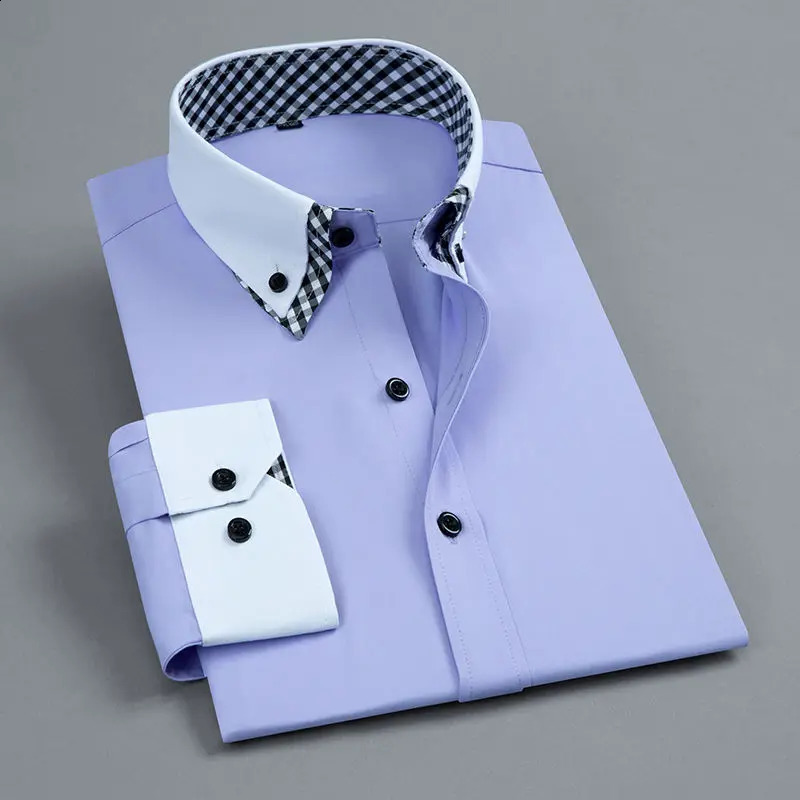 Mens Long Sleeve Dress Shirt Non Iron Double Layer Business Formal Regular Fit Office Camisa Fashion White Blue Social Shirts 260917