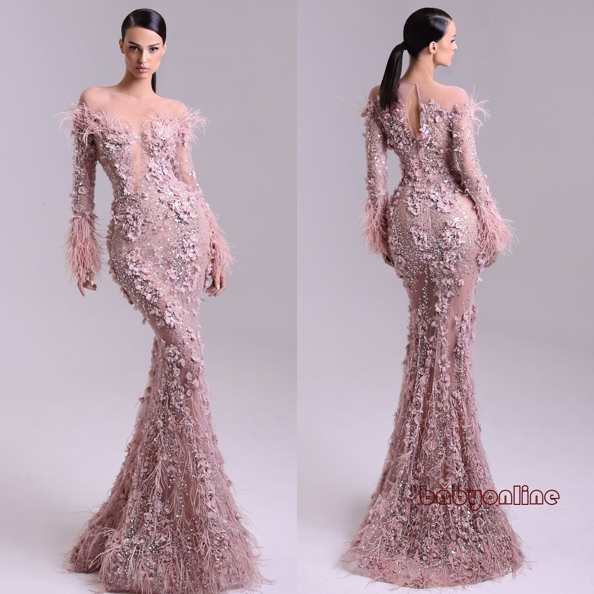 Gorgeous dust pink appliqued mermaid Evening Dresses feathers long sleeves gala women or length dresses for special ocns