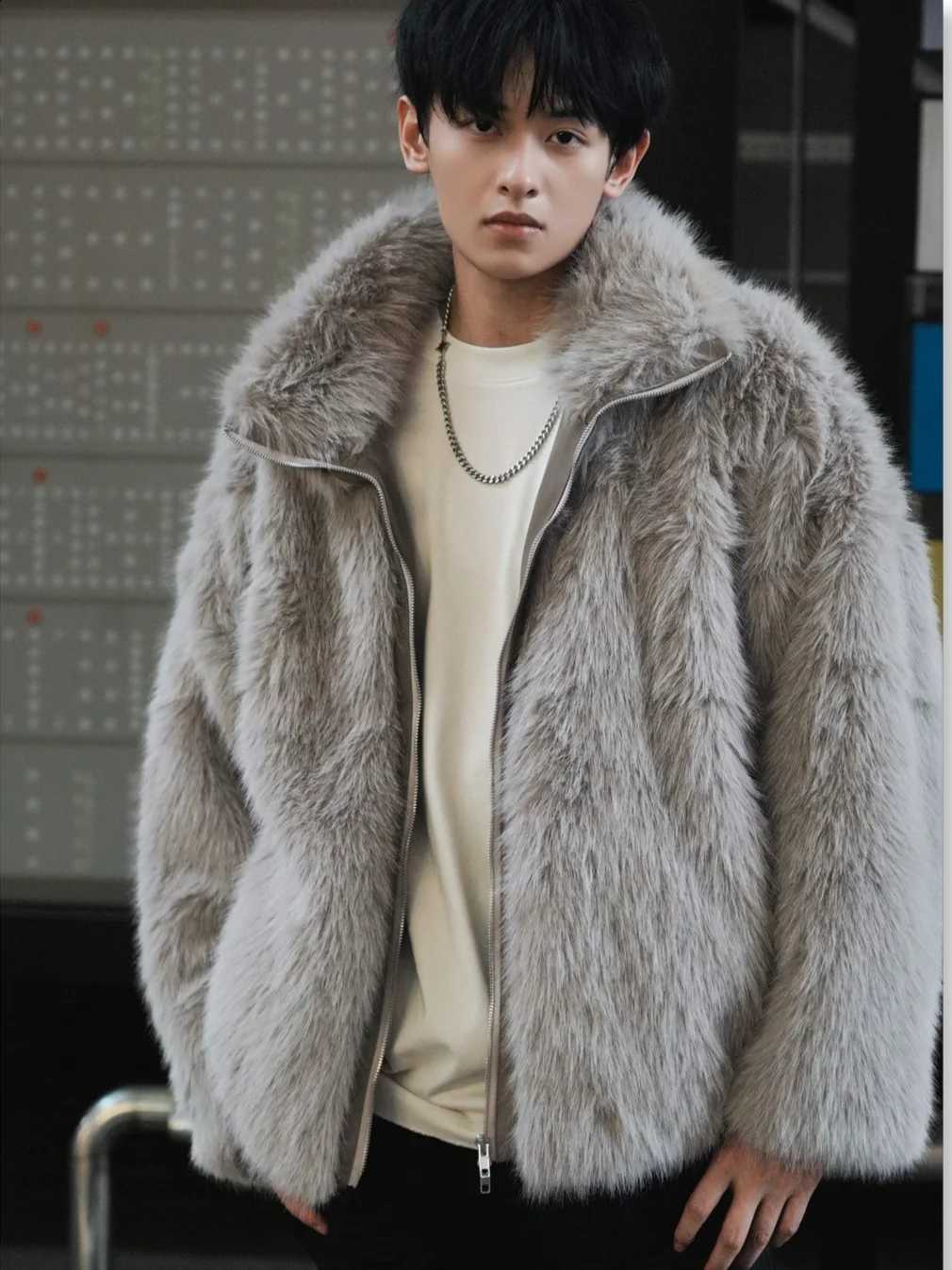 Winter Fur Coat Men's Faux Warm Thickened Fluffy Plush Jacket Stand Collar Zip Overcoat Trendy Oversized OuterwearW260915