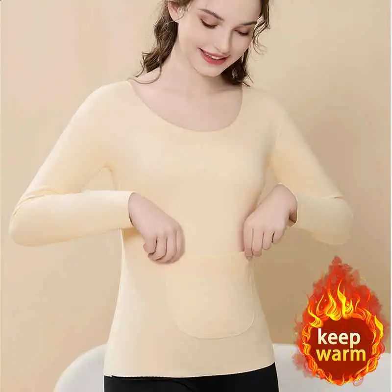 Autumn Winter De Rong No Trace Underwear Women Pockets Thick Velvet T-Shirts Warm Long Sleeve T Shirt Tees Ladies H260916