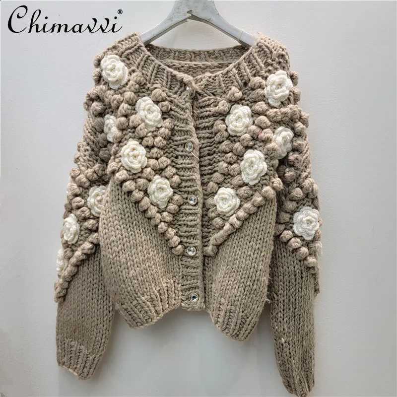 Style Fashion Handmade Korean 3D Crochet Round Neck Long Sleeve Single-Breasted Loose Versatile Knitted Cardigan Jacket Women J260916