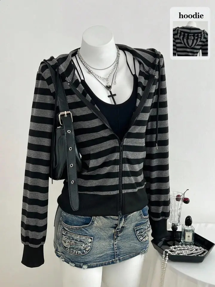 Street Fashion Retro Hooded Zipper Striped Jacket Thin Outerwear for Fall Winter Casual Long Sleeve Loose-Fit Top 260917