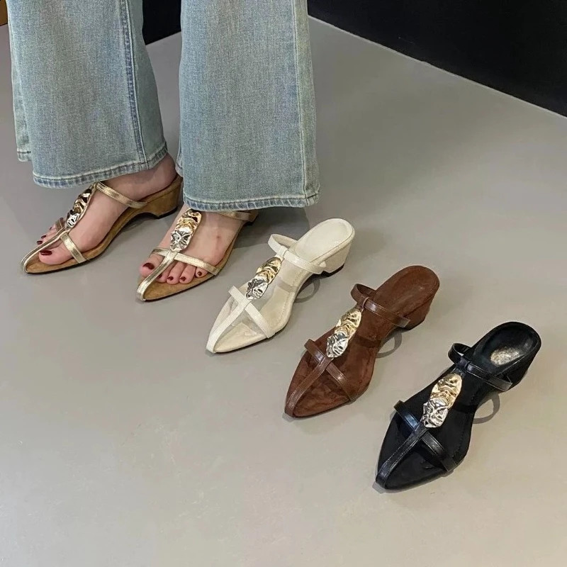2026 Summer Pointed Toe Metal Buckle Cross Strap Womens Shoes Outside Thick High Heel Slip Slippers 260917