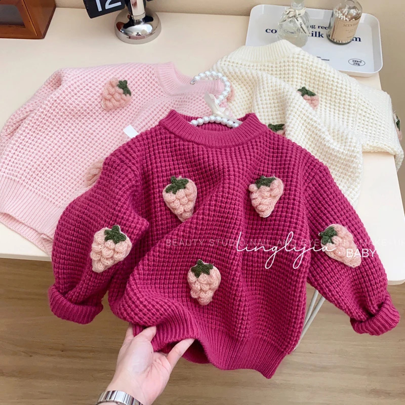Autumn Winter Girls Knit Cardigan Coat Strawberry Print Round Neck Sweater Bottoming Shirt For 2-6Y Kids Warm Knitted Jacket 260916