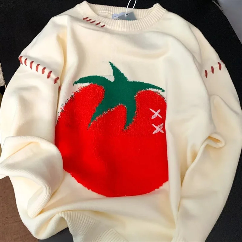 Autumn Cartoon Tomato Printed Knitted Sweater For Man Hip Hop Fashion Streetwear Pullovers Retro Aesthetic Y2K Knitwear 260916
