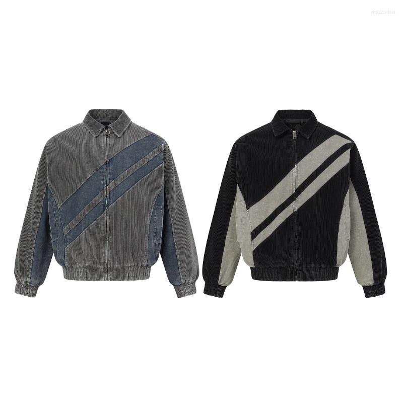 Retro Spliced Collar Zip Up Jacket Unisex Diagonal Panel Corduroy And Washed Denim Patchwork Elastic Cuff Loose Street Coat