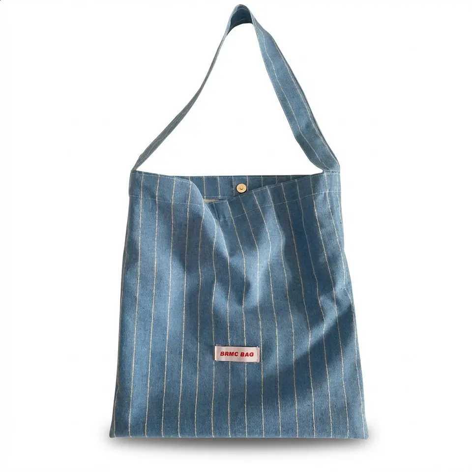 Women's Light Blue Striped Denim Tote Bag Casual Large Capacity Shoulder Bag for Daily Commute Shopping Travel H260916