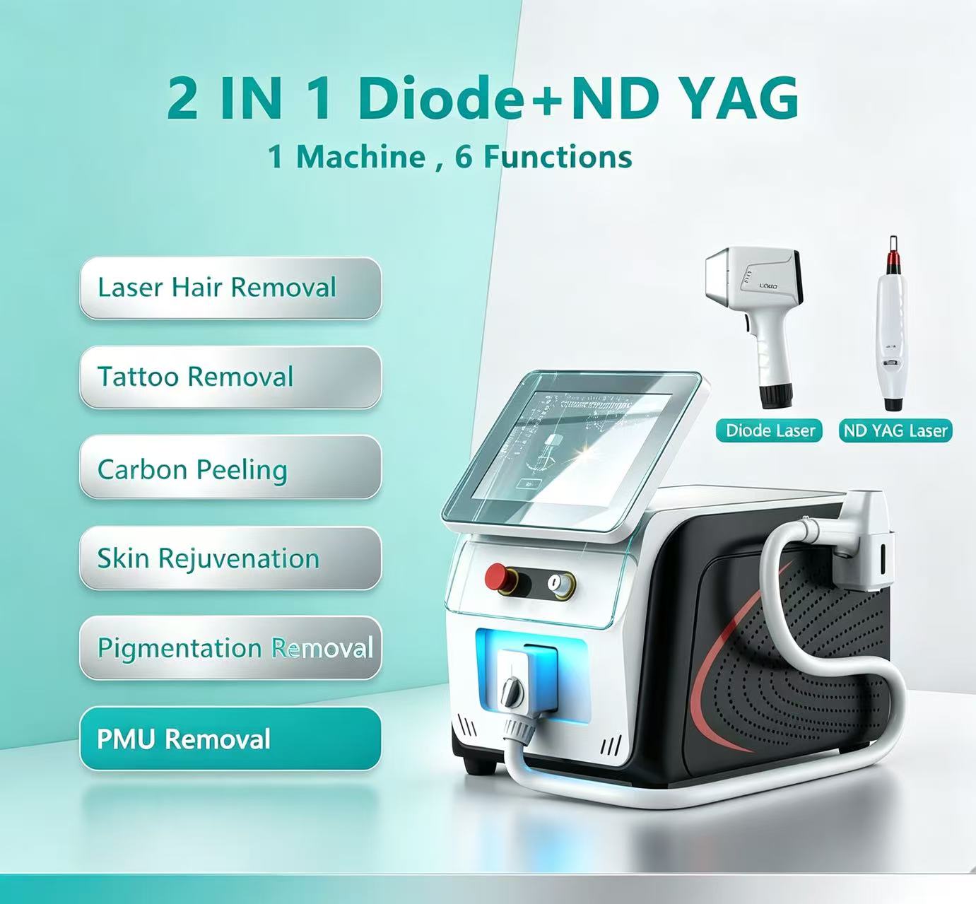 Professional Laser Beauty Machine Portable 2 In 1 Diode Laser Yag Laser Device for Hair Removal & Tattoo Treatment Skin Rejuvenation
