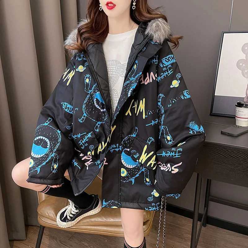 Winter Jacket Womens 2026 New Down Cotton Coat Female Cartoon Print Sleeves Parka Thicken Outerwear Tops H260917