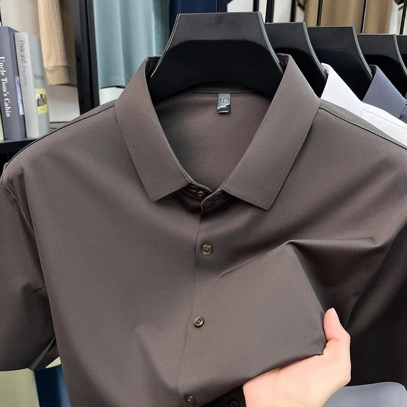Men's Ice Silk Royal Blue Short Sleeve Dress Shirt Wrinkle-resistant Easy Care Travel Top 260916