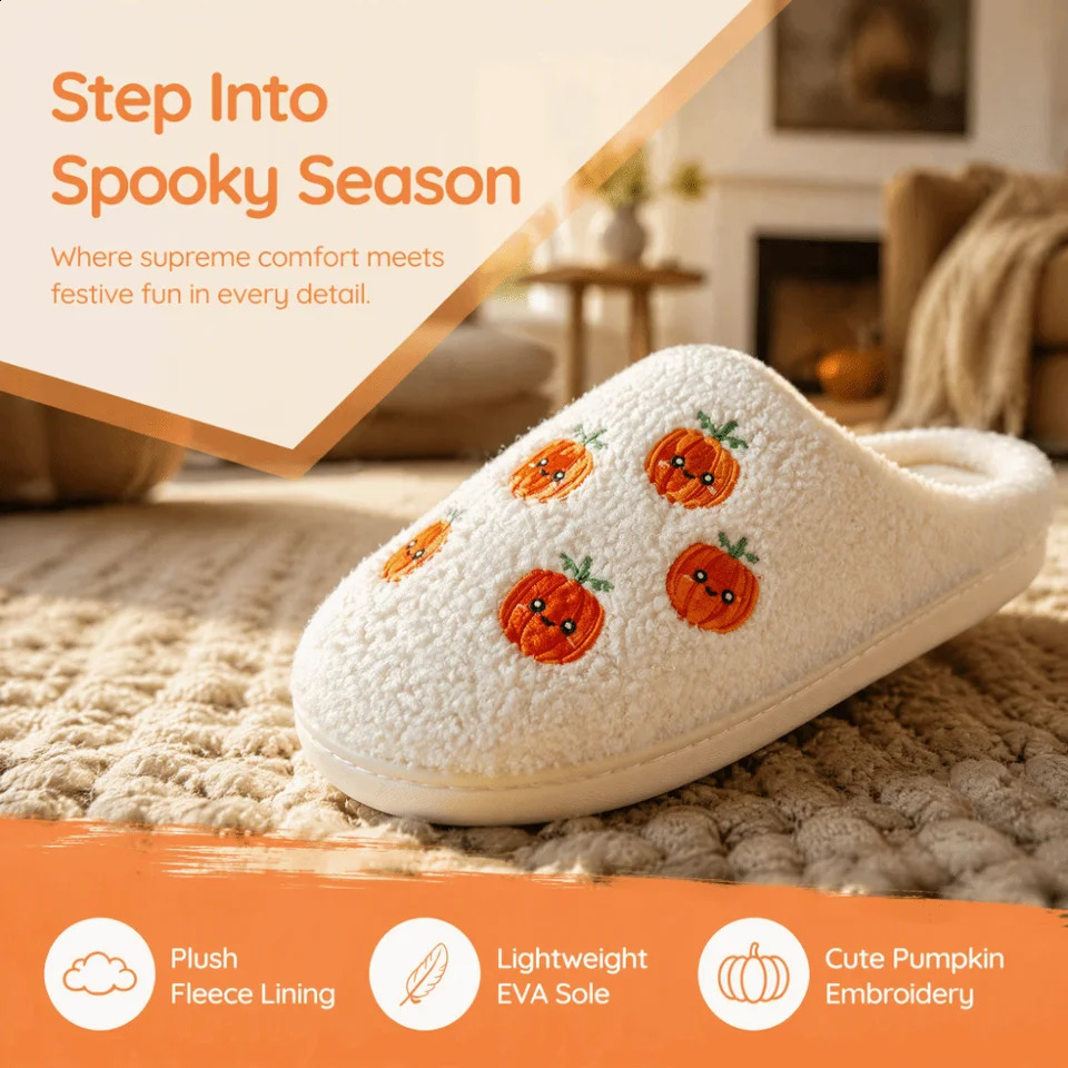 Casual Soft Halloween Plush Slippers Cute Warm Ghost Pumpkin Slippers Lovely Thick Sole Winter Fluffy Slides Halloween 260916