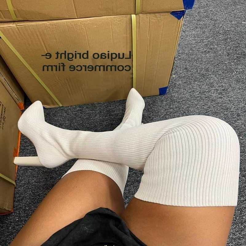 Woman Over The knee Boots Winter Thigh Knitted Elastic Socks Shoe Warm Sexy Stilettos Heels Pointed Long Boots 35-43 botas mujer D260917