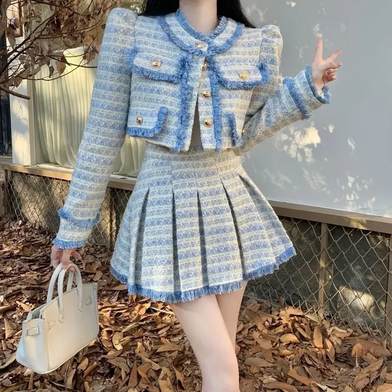 Female Woolen Tweed Fringed Blazers Coat Weave Tassels Jacket Cardigan Tops A-Line Pleated Skirt Autumn Winter 2pcs Woman Suit 260917