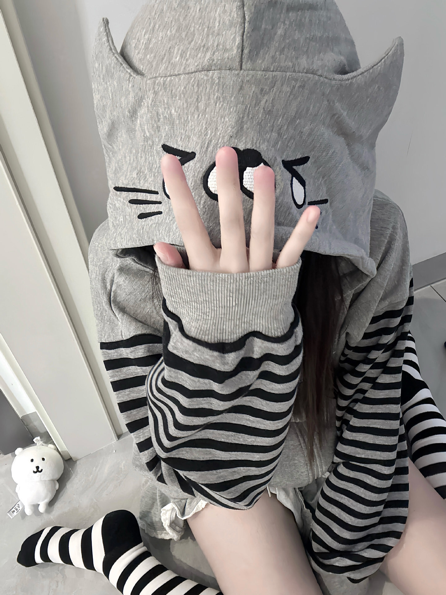 Japanese subculture evil cat hoodie for women, autumn, anime dark print, striped raglan sleeves, loose fit outerwear ad