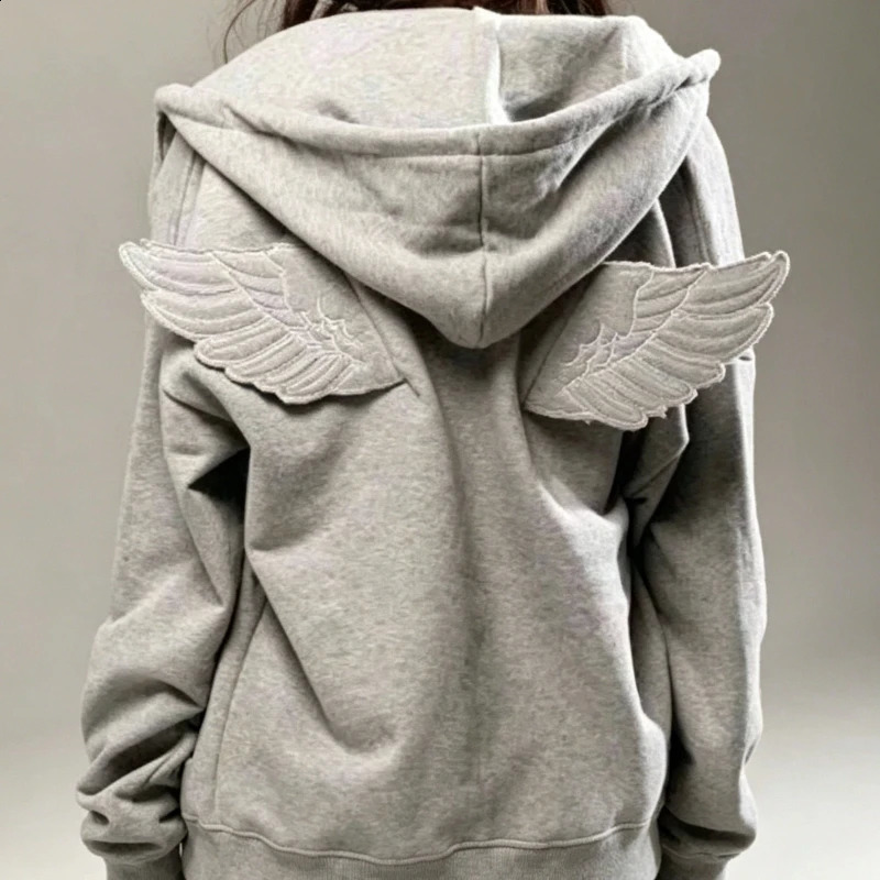 Women Fashion Grey Angel Wing Embroidered Hoodie Zipper Kawaii Pullover Sweatshirt Wing Y2K Streetwear Goth 2000s Alt Clothes 260917