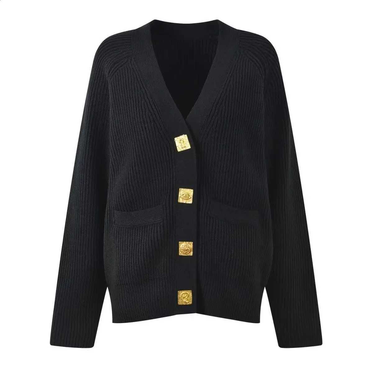 Button Fashion Patchwork Metal Knitted Sweater for Women Solid V Neck Long Sleeves Elegant Single Breasted Cardigan Outerwear J260916