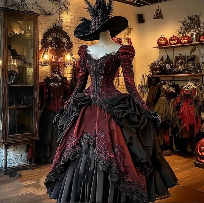 Vintage Victorian Corset Prom Dresses Ruched Burgundy And Black Gothic Masquerade Ball Gowns Queen Halloween Special Occasion Dress Long Sleeves Flo