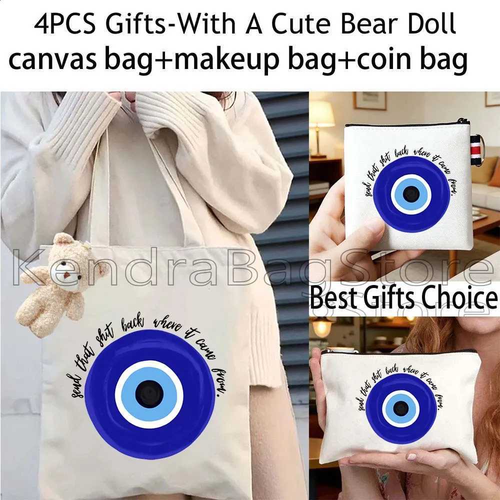 4PCS Gifts Colorful Blue Evil Eye Canvas Tote Bag Handbag Cosmetic Makeup Bag Coin Bag Purse Card Wallet Pouch for Men and Women H260916