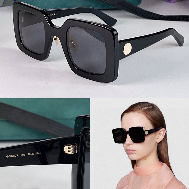 Classic Square Sunglasses 0780 Thick Frame Black Bright Surface Acetate Fiber frame Grey Sunshade Lens Outdoor Shopping Womens Mens Versatile Style