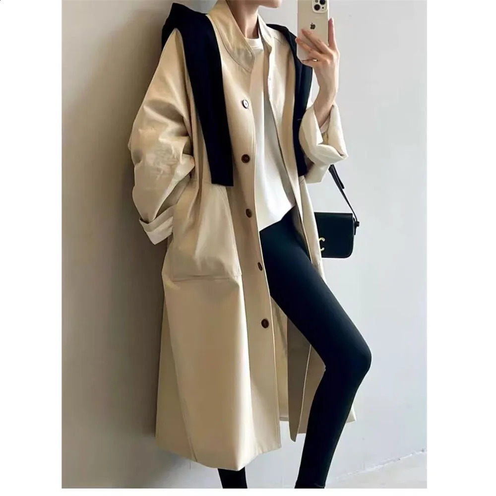 Spring and Autumn Standing Collar Mid Length Trench Coat Womens Loose Casual Slimming Flip single Breasted Jackets 260916