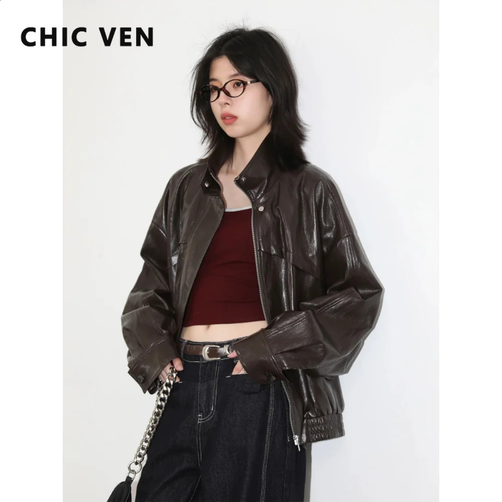 CHIC VEN Fashion Women Faux Leather Coat Solid Retro Short Jacket Stand Up Collar Slim Female Overcoat Spring Autumn 2026 260916