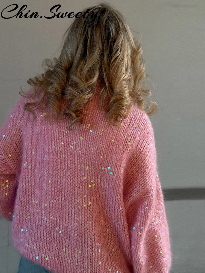 All-match Sequined Women Sweaters Chic Full Sleeve Knitted Shinny Lapel Zippers Pullover Female 2026 Spring Autumn Lady Knitwear 260917