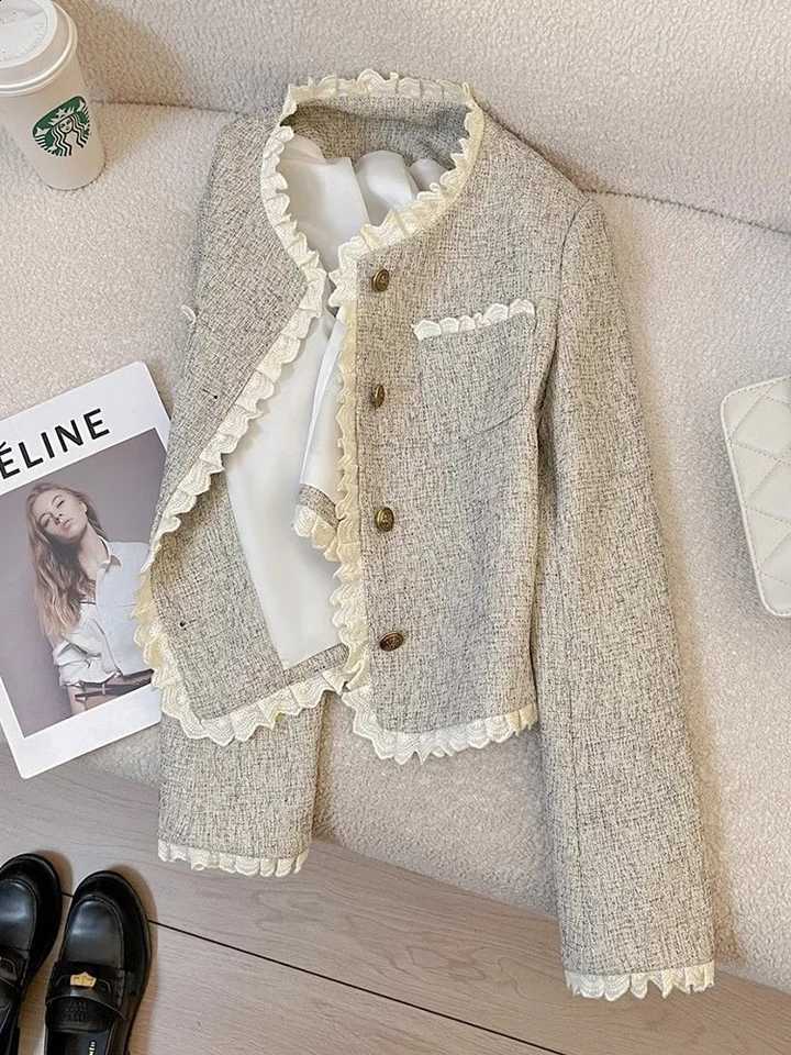 Sweet Tweed Elegant Jacket Women Slim Vintage Lace Patchwork O Neck Short Coats Retro Casual Korean Female Fall Winter Outwear C260917