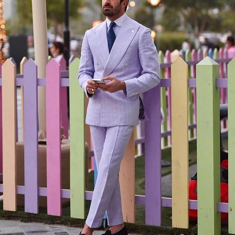 Light Purple Striped Men Suit England Style Peaked Lapel Double Breasted Classic Male Clothing Wedding Groom Tuxedo Custom Set 260916