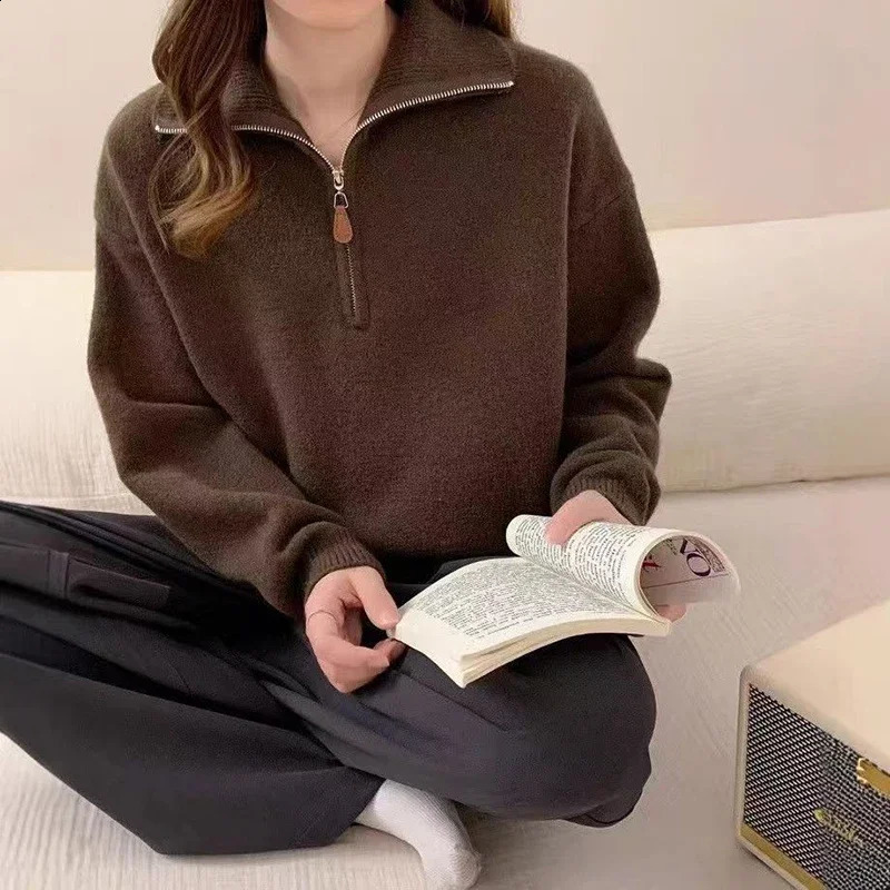 Fashion Half Zip Pullover Women Casual Turn Down Collar Knitted Jumper Fall Winter Office Lady Loose Solid All Match Sweaters 260910