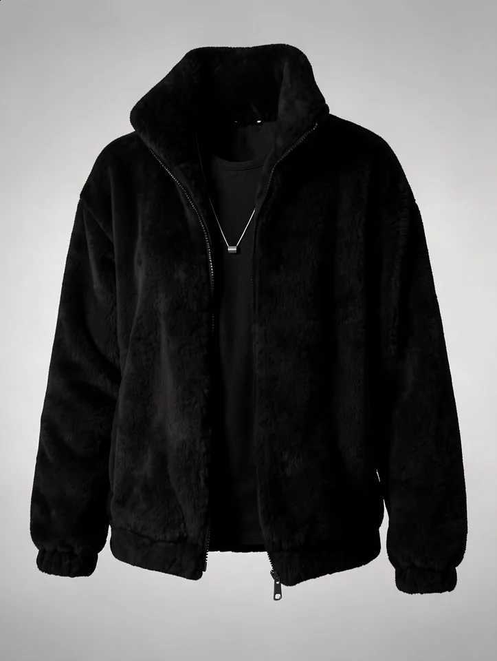 and American style men's European solid color plush stand up collar jacket loose and warm faux fur casual jacket W260915