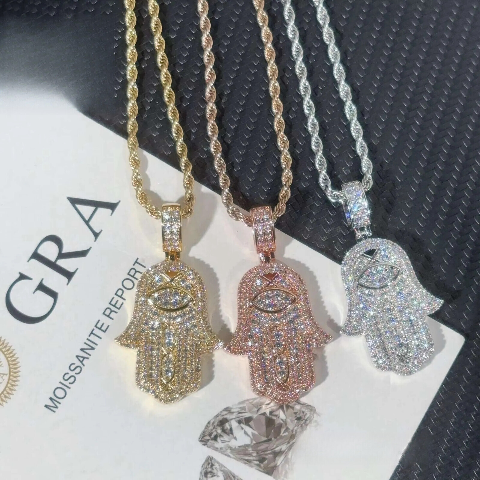 Ready to Ship Hip Hop Jewelry Hamsa Iced Out Sterling Silver 925 Moissanite Pendant With Rope Chain for Men