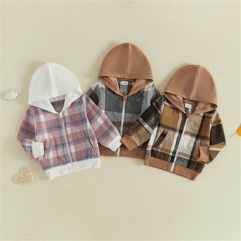 FOCUSNORM 0-5Y Toddler Kids Boys Girls Plaid Hooded Jacket Long Sleeve Zip-up Hoodies with Pockets Coats for Winter Fall 260902